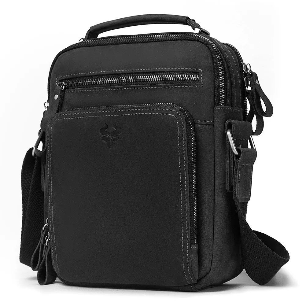 Men's brown Crazy Horse leather crossbody bag with sewing line details and crossbody strap