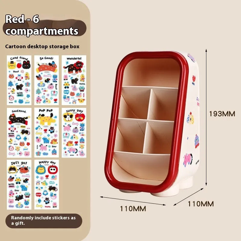 Red and brown cartoon-style desktop storage organiser with grid pattern and sticker set for labelling.