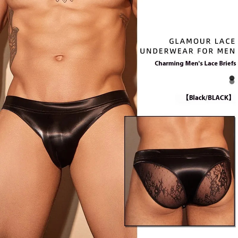 Black and white men's hip briefs made from shark skin lace polyester fabric.