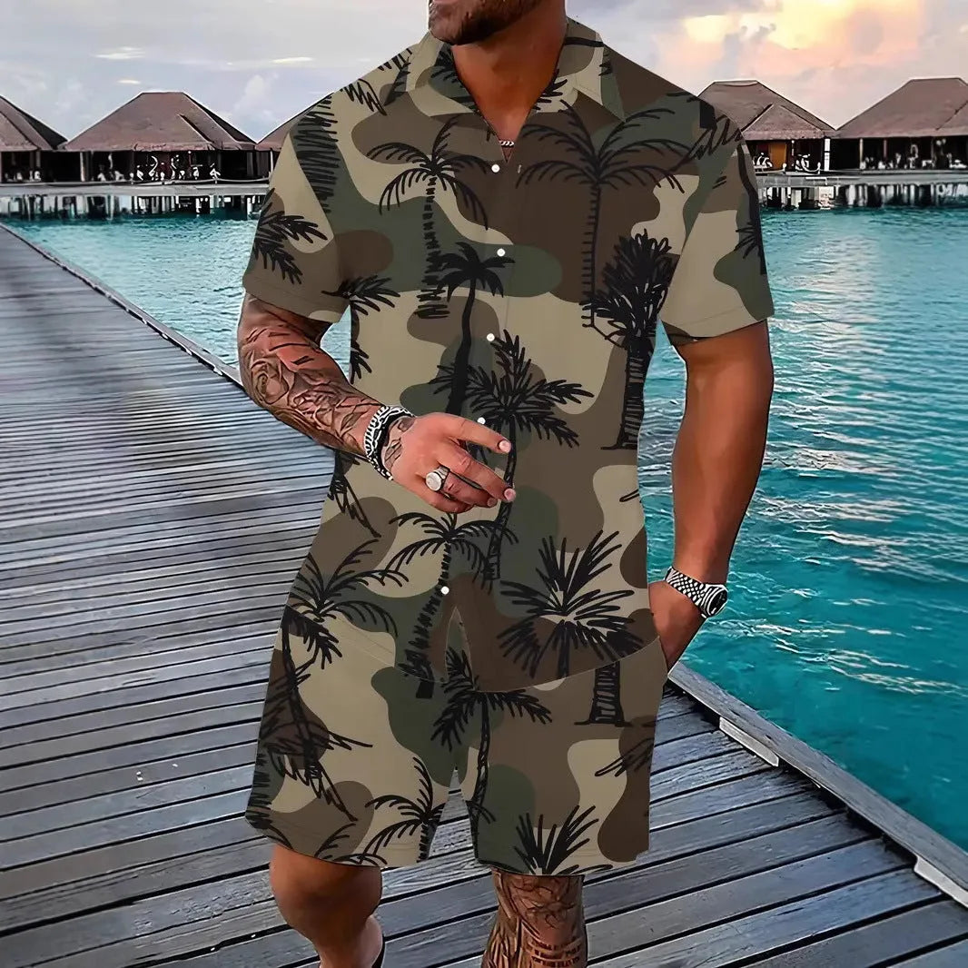 Men's 3D printed Hawaii-style short sleeve top and matching shorts casual summer suit