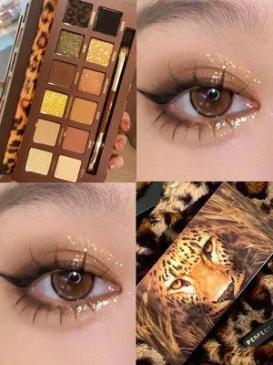Twelve-colour animal eye shadow plate showing seven wild animal designs including golden tiger and leopard patterns