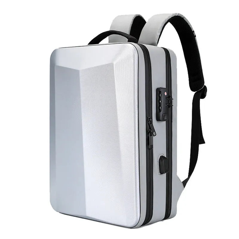 Men's waterproof business backpack in Oxford cloth PC material showing black and silver white colour options