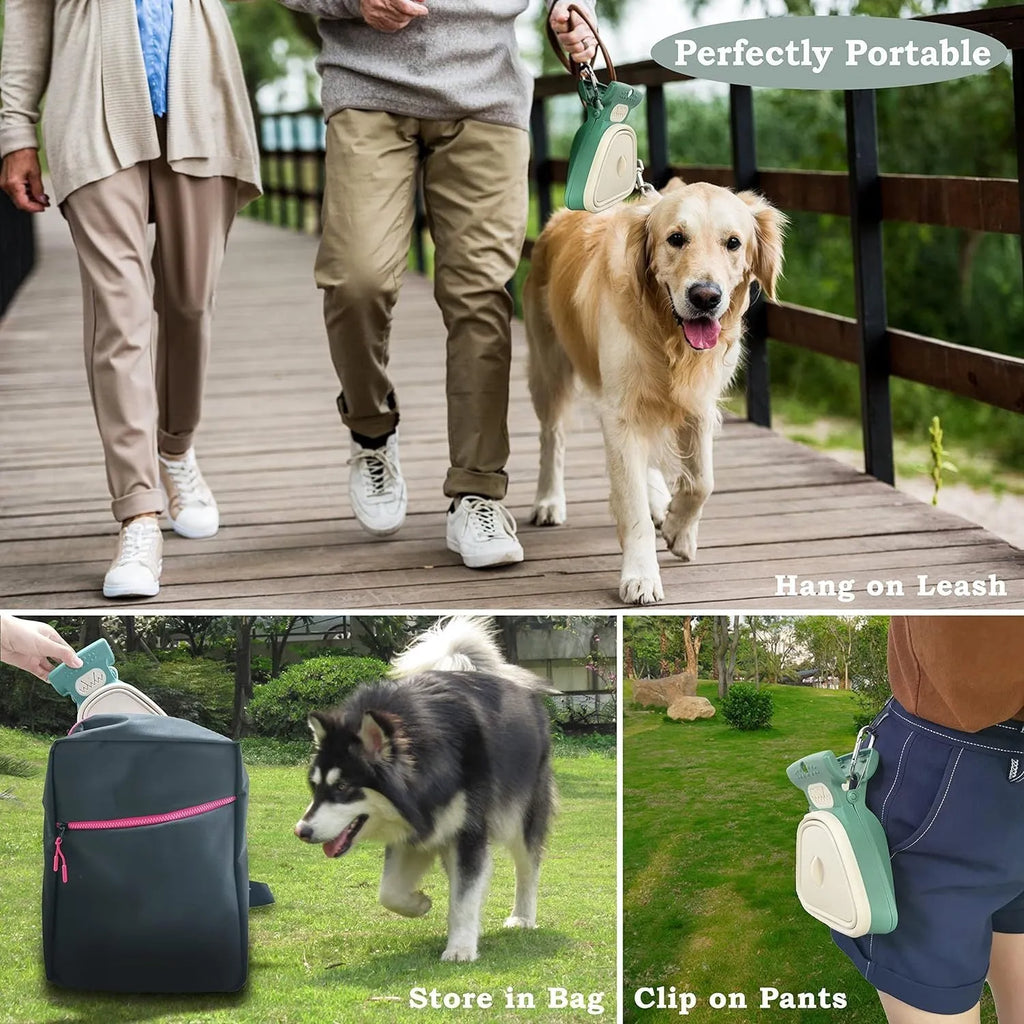 Blue portable handheld dog pooper scooper with expandable waste container and carabiner clip.