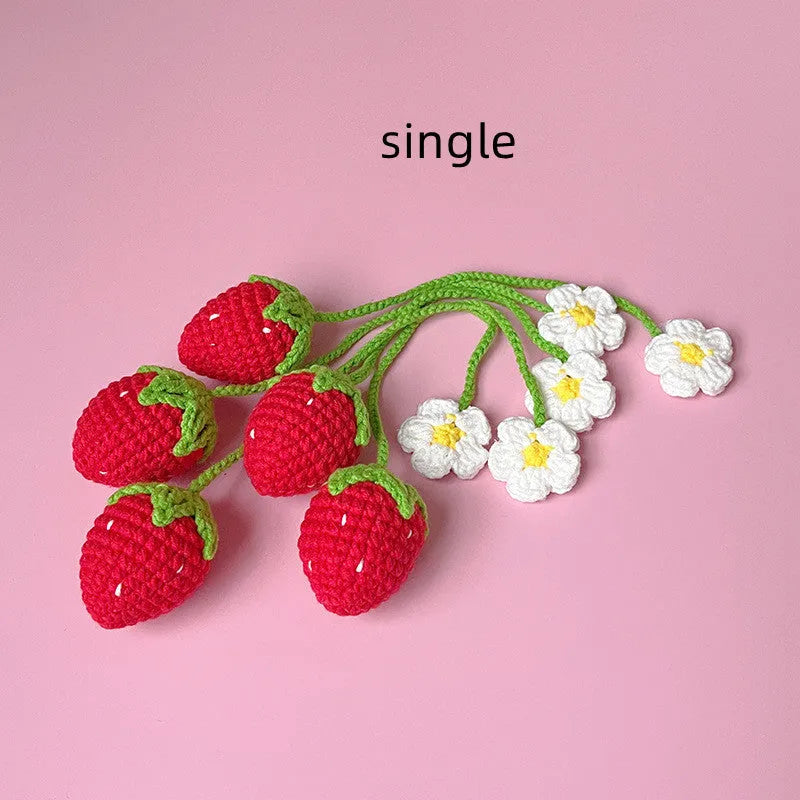 Handmade wool crochet strawberry pendant with 35cm cord in pink or red colour