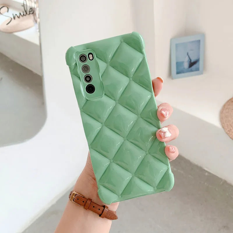 Silicone diamond back cover phone case for Huawei smartphones in black, green, pink, and white.