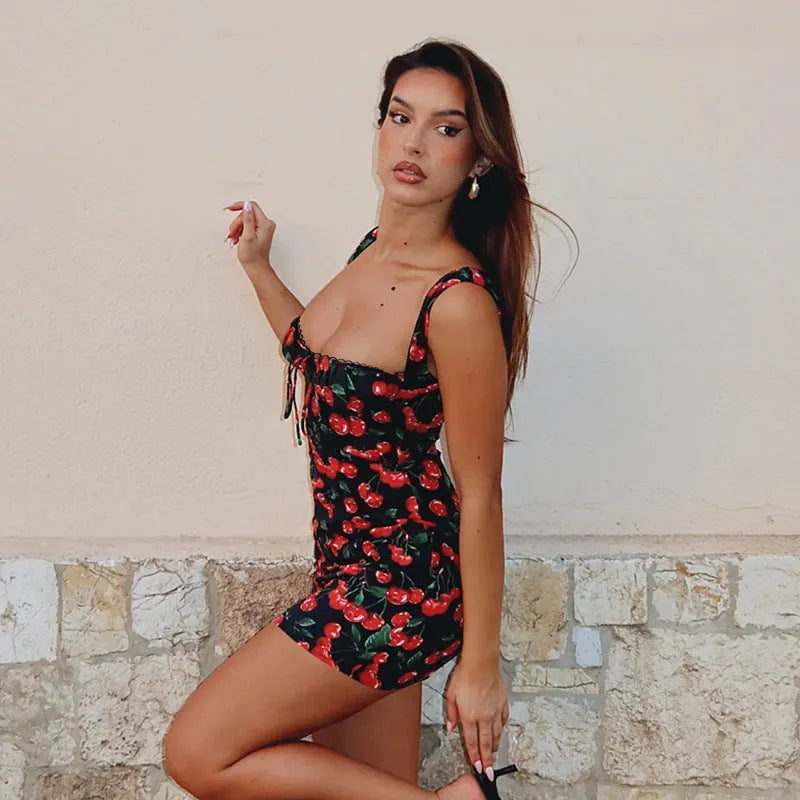 Red strapless high waist short dress with lace-up front and cute print on a model
