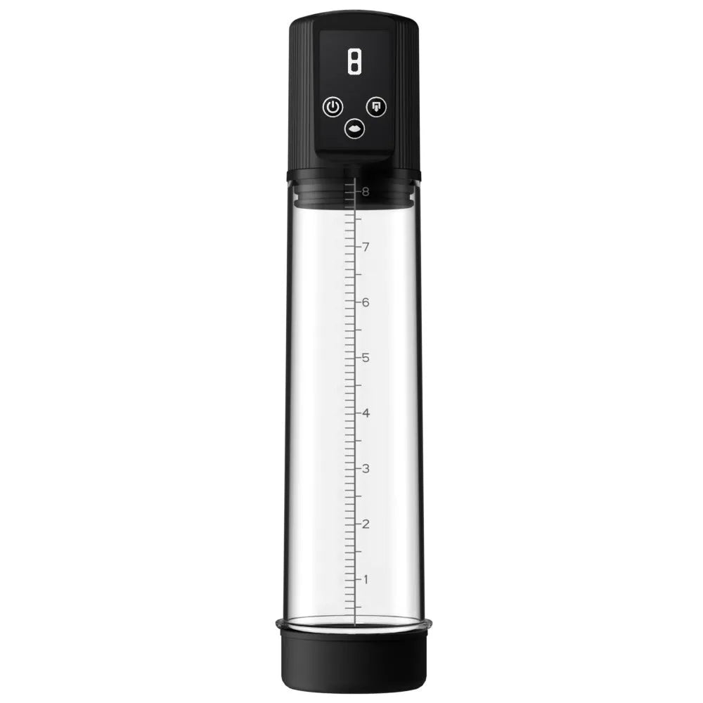 Men's masturbation device with diqiao electric training pump unit made from black ABS and grey TPE.