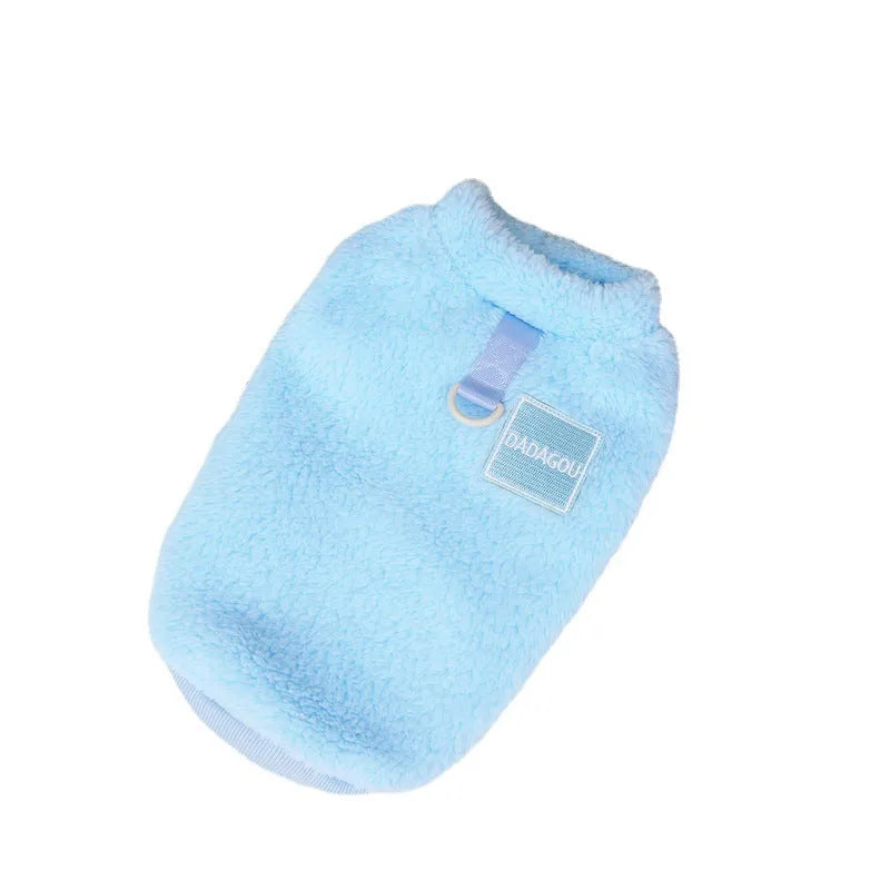 Coral fleece pet jacket with colourful pull rings in blue colour option