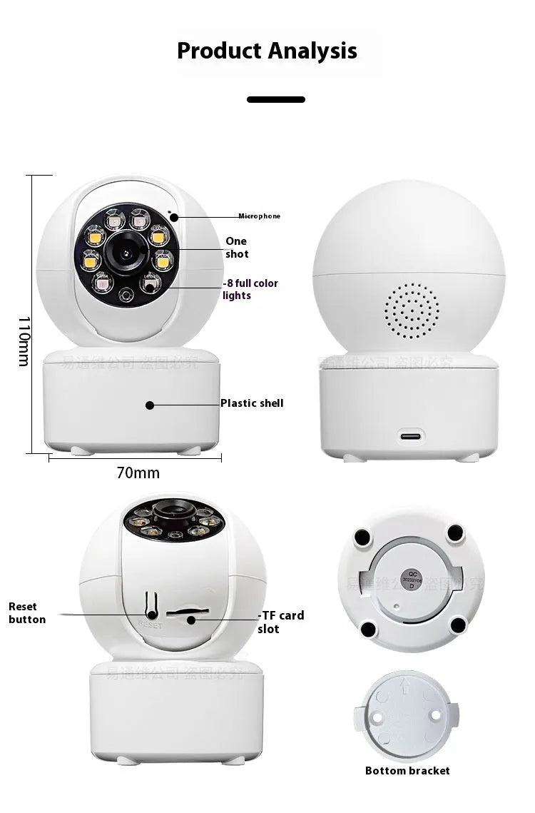 1080p HD home security camera with dual-light panorama monitoring and ceiling mount bracket