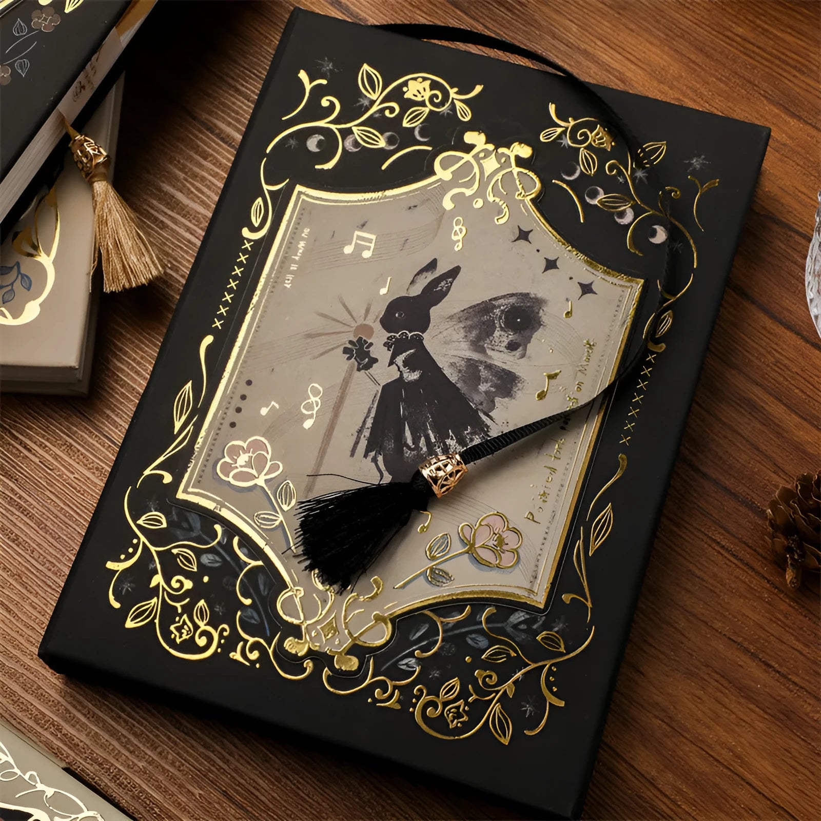 Retro art A5 notebook with gothic style cover designs showing rabbit motifs, forest themes, and fruit patterns