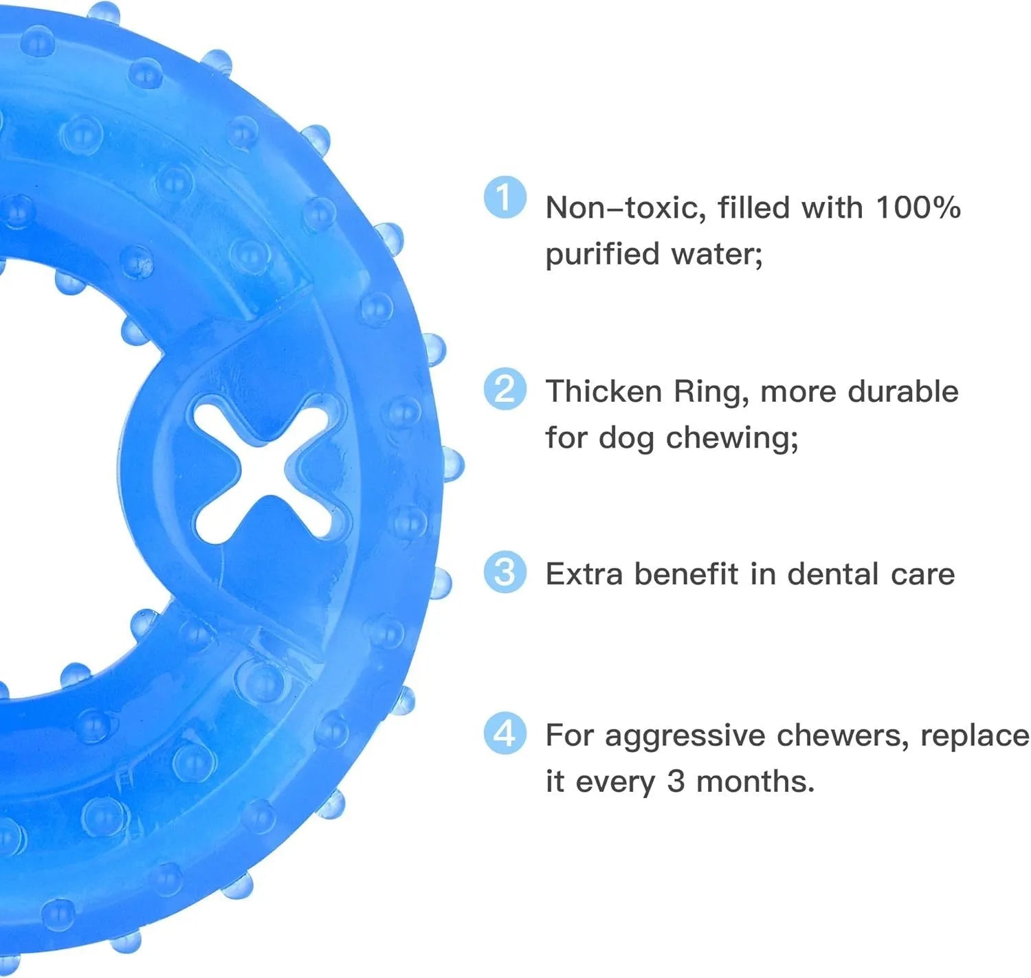 Freezable water-filled dog cooling chew toy in bones and circles designs with treat compartment.