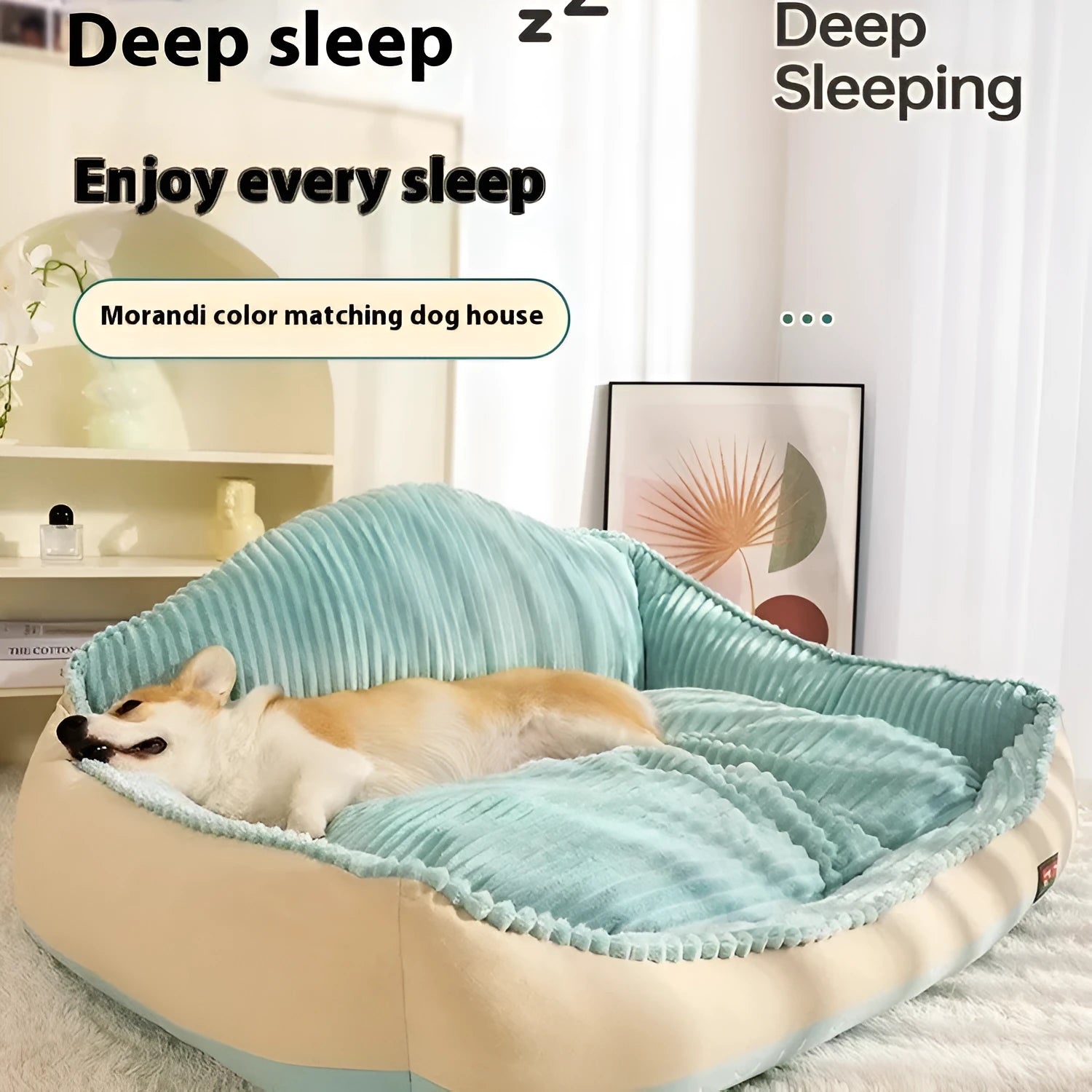 Morandi coloured removable washable pet kennel bed for dogs and cats, shown in two sizes.