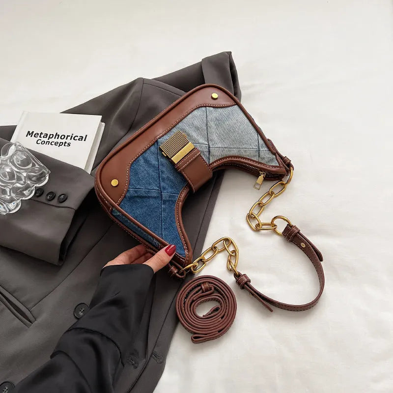 Brown denim women's shoulder bag with diamond chain straps and bucket shape