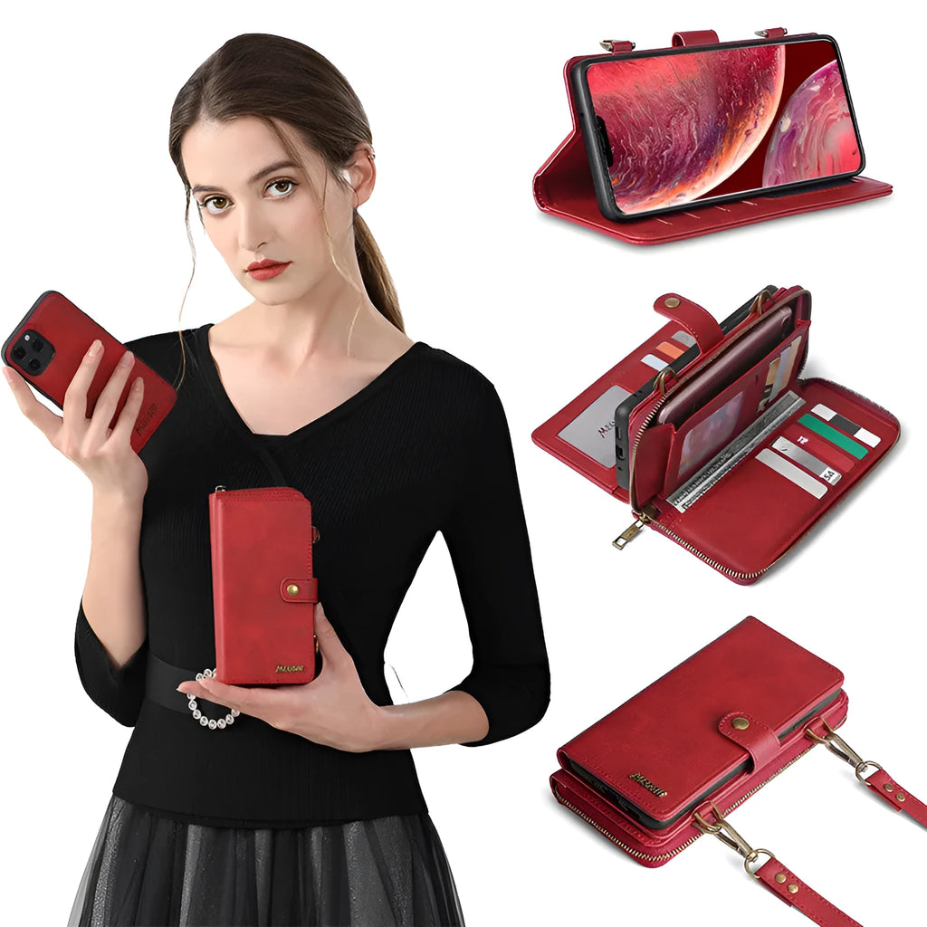 Detachable magnetic wallet phone case in black, blue, brown, or red colour options