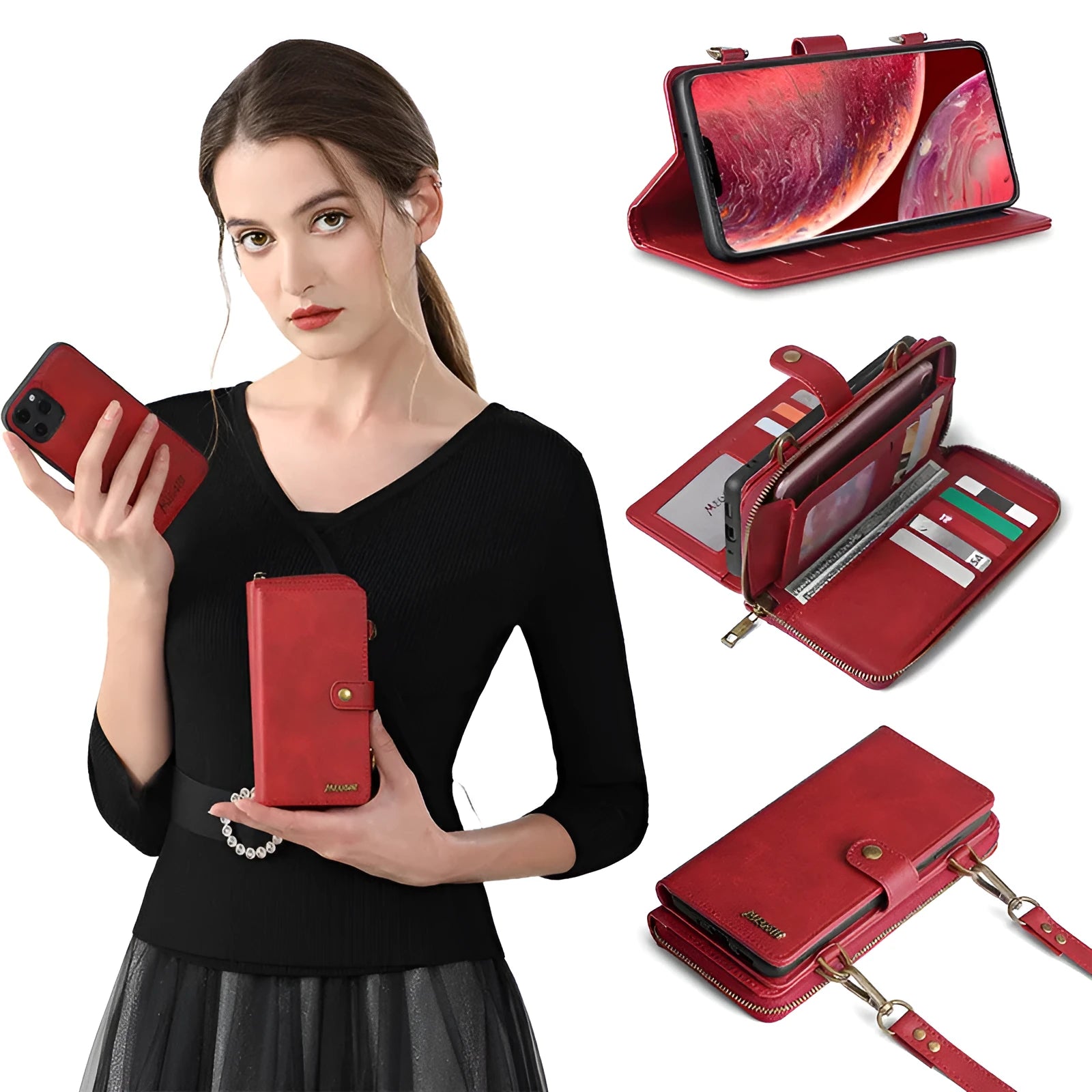 Detachable magnetic wallet phone case in black, blue, brown, or red colour options