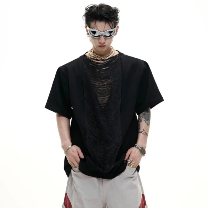 Men's loose-fit black polyester t-shirt with three-dimensional cutting and short sleeves