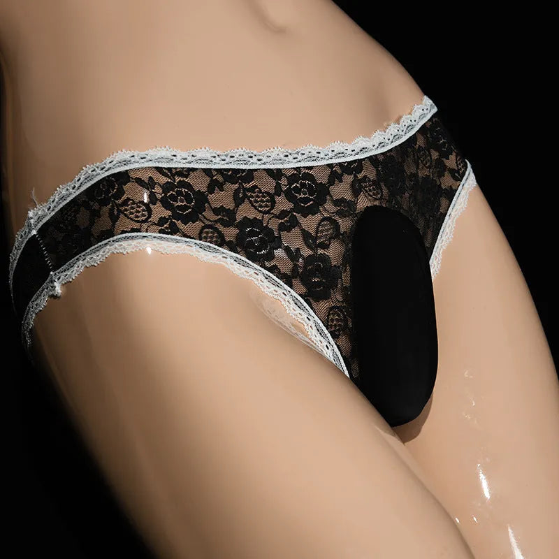 Men's lace triangle briefs with vertical bag egg design in low-waist style