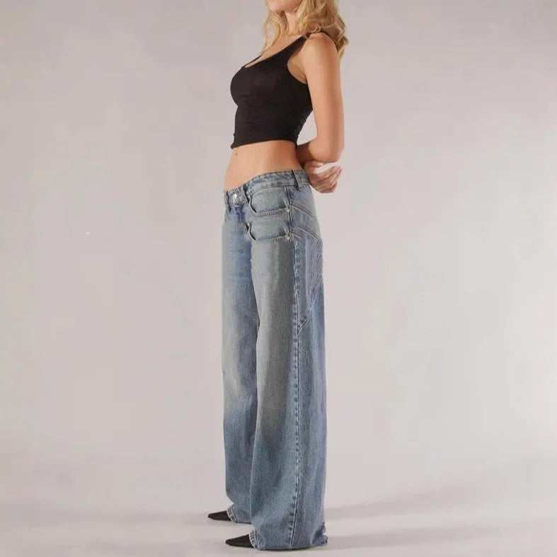 Loose fit straight wide leg cotton mop trousers in blue colour showing low waist and splicing detail