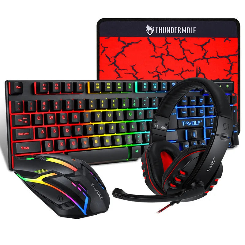 Thunder Wolf T800 wired computer peripheral bundle showing keyboard, mouse, headset, and mouse pad