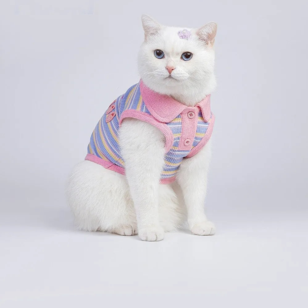 Pink purple vest for small dogs and cats with size chart showing seven weight ranges