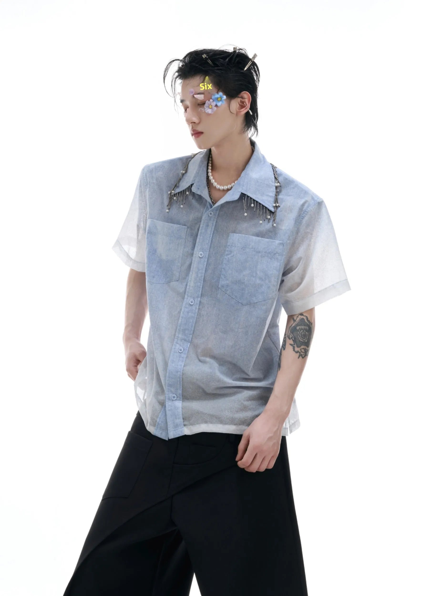 Blue and white gradient loose fit men's short sleeve casual polyester shirt