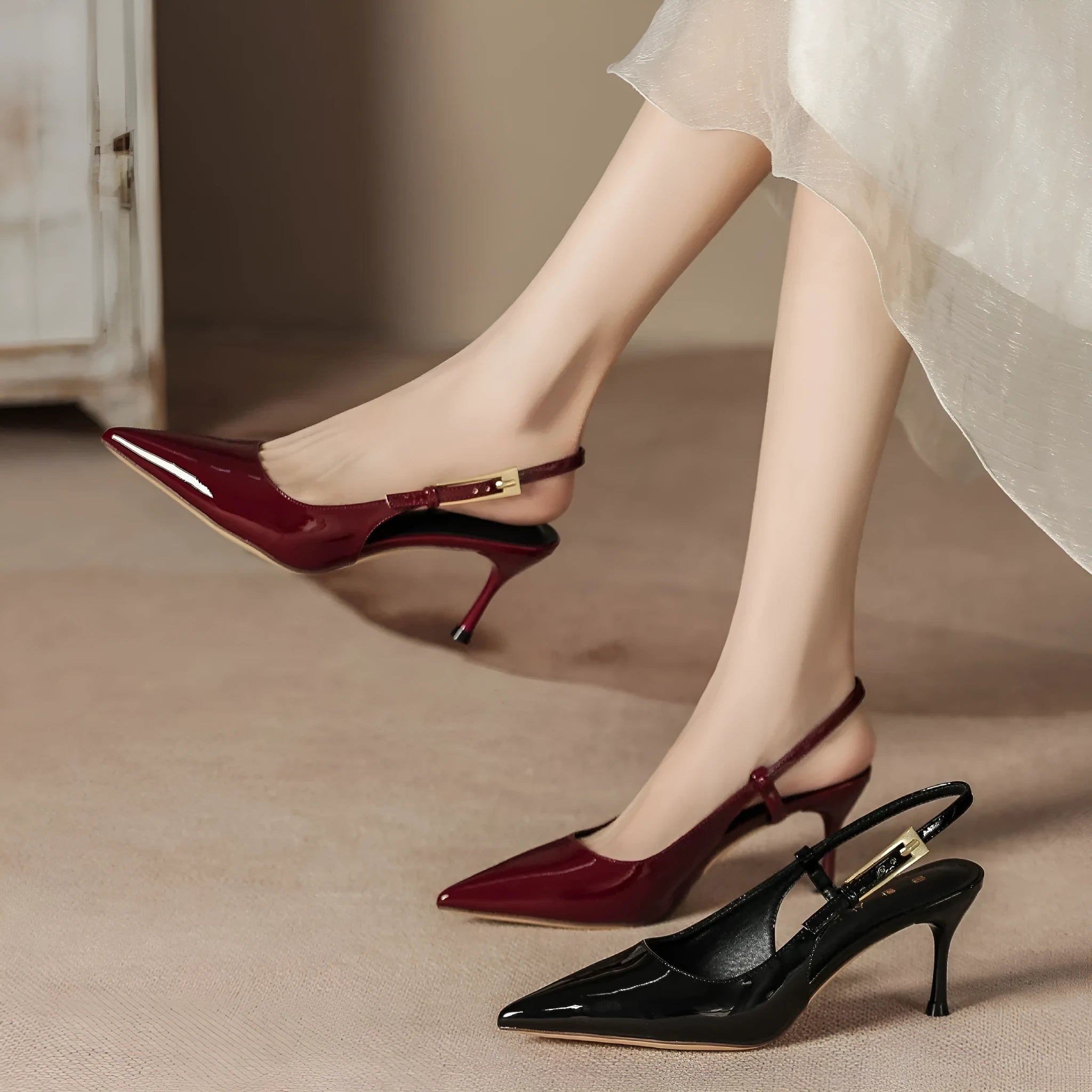 Women's stiletto heel pointed toe closed toe strap sandals in artificial pu, black colour