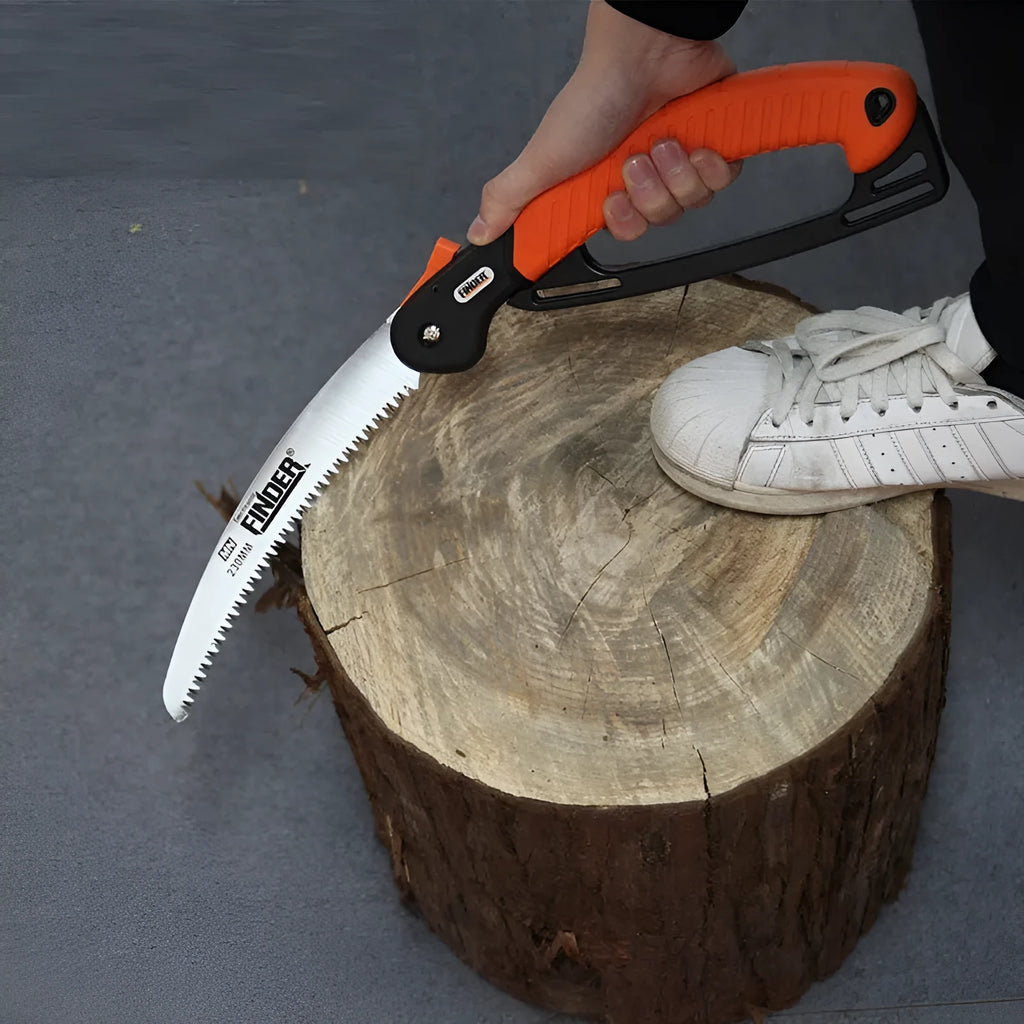 230mm folding garden saw with TPR grip handle showing folded and extended positions