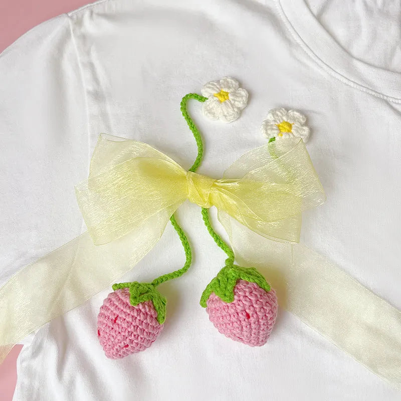 Handmade wool crochet strawberry pendant with 35cm cord in pink or red colour