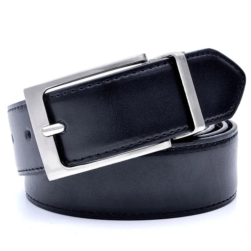 Men's rotating pin buckle leather belt in dark brown with genuine leather strap