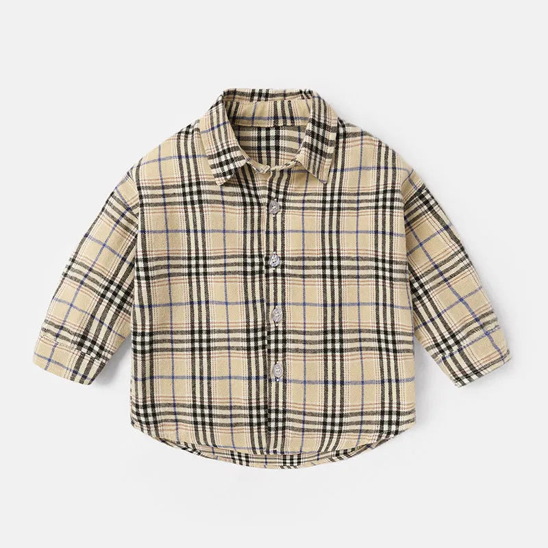 Boys' cotton lattice shirt with animal cartoon pattern in light blue, showing long sleeves and casual style.