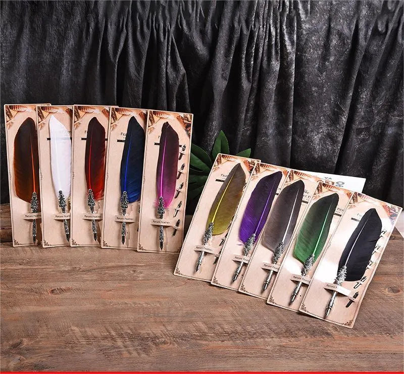 Vintage feather dip pen with zinc alloy body in multiple colour options for calligraphy
