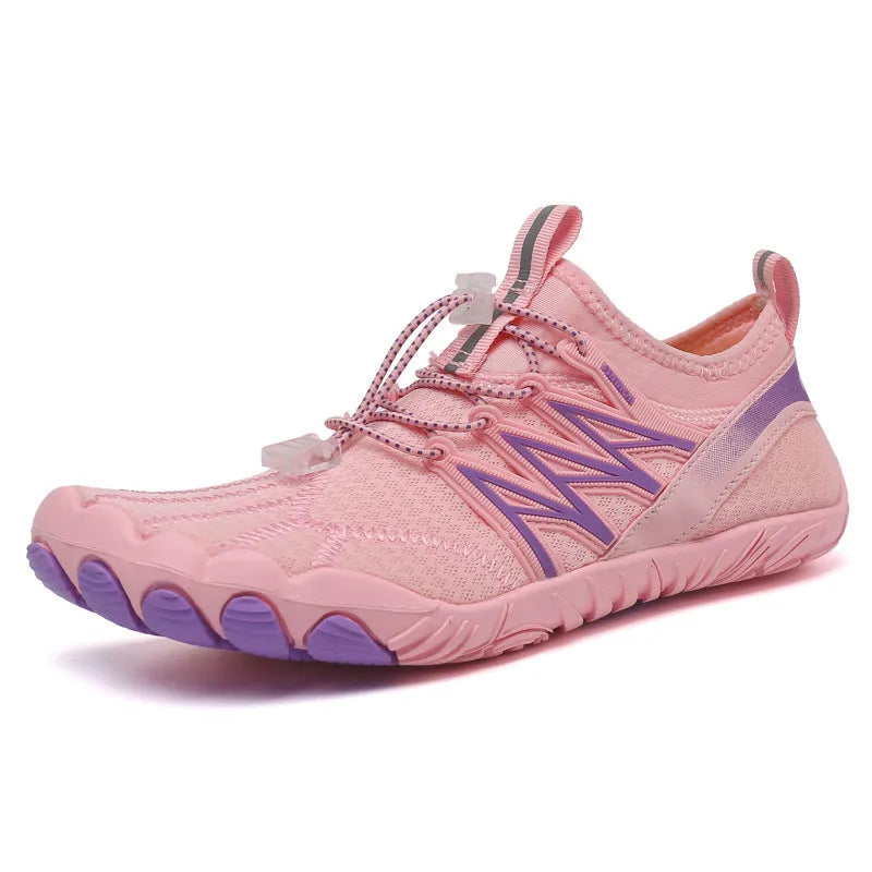 Indoor fitness training sneakers in multiple colours with striped pattern and rubber sole.