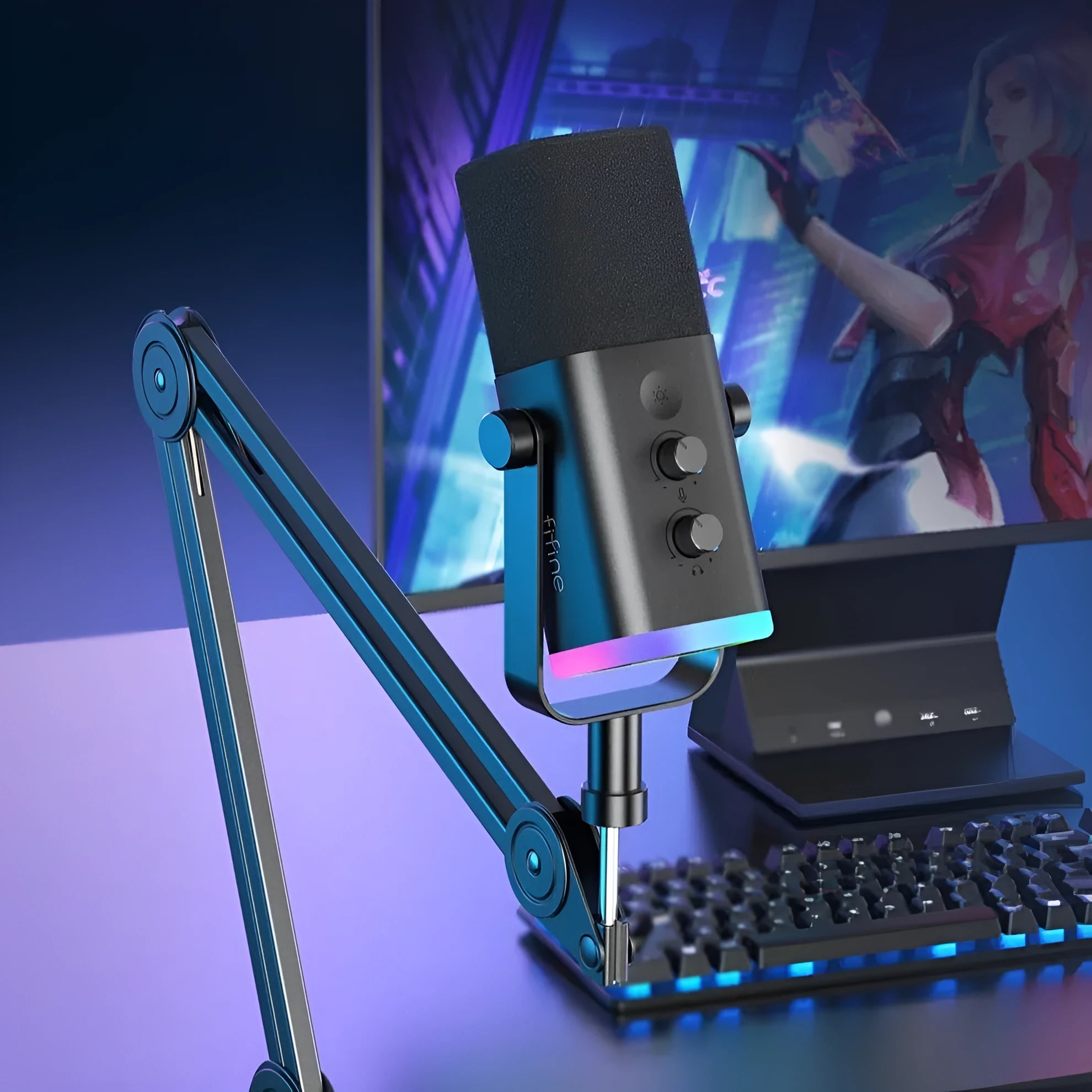 Dynamic noise reduction microphone in black, pink, or white with XLR cable and desktop base.