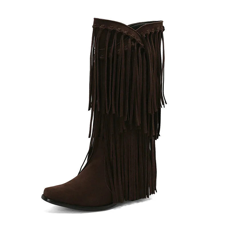 Women's beige suede knee-high boots with tassel, chunky heel, and square toe on a waterproof platform.