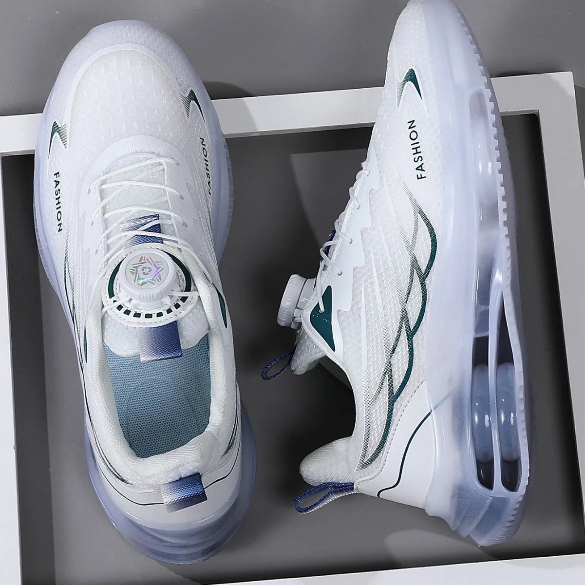 White men's casual running shoes with rotating button closure and mesh uppers