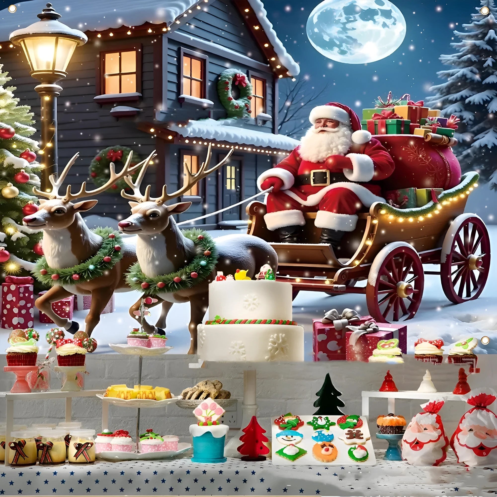 Large rectangular Christmas banner with Santa Claus night scene design, measuring 210cm by 150cm.