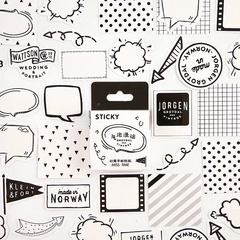 46-piece decorative cartoon sticker pack for journals with small 30x37mm designs in nine colour themes