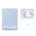 Clear PVC A5 notebook cover showing spiral binding slot and document pockets in white and blue colour options