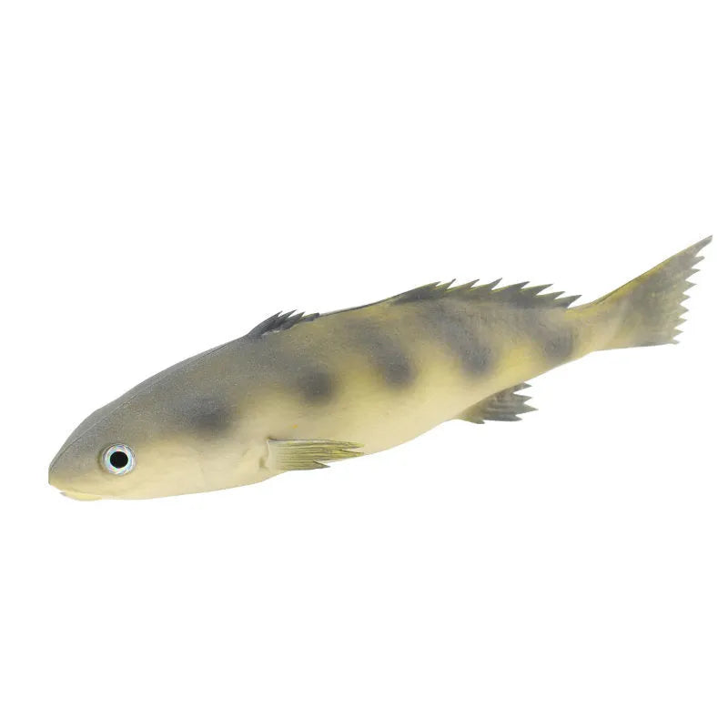 Three PU simulated fish ornaments showing yellow-fin tuna, yellow croaker, and flower fish designs for marine decoration