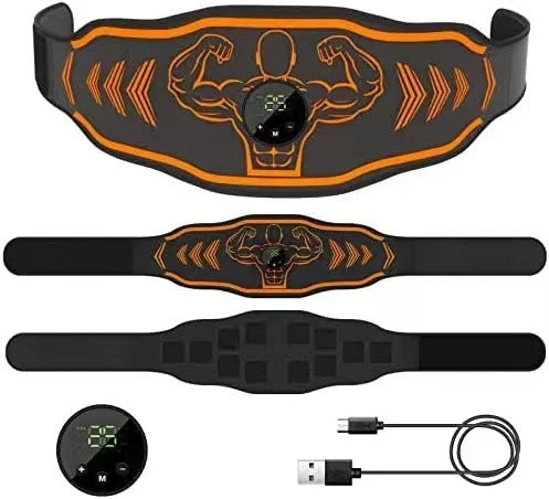Smart EMS massage belt with orange or blue host unit, includes belt strap and arm stickers