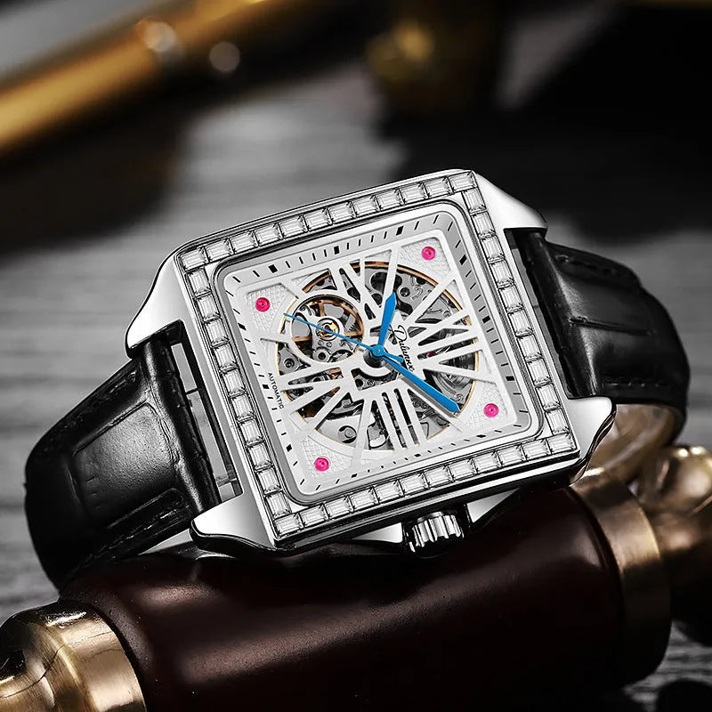 Men's square automatic watch with diamond accents and steel belt in black and white colour options