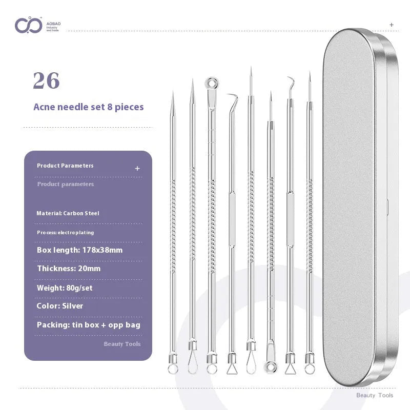 Four silver metal acne needles with pointed tips for skincare extraction.