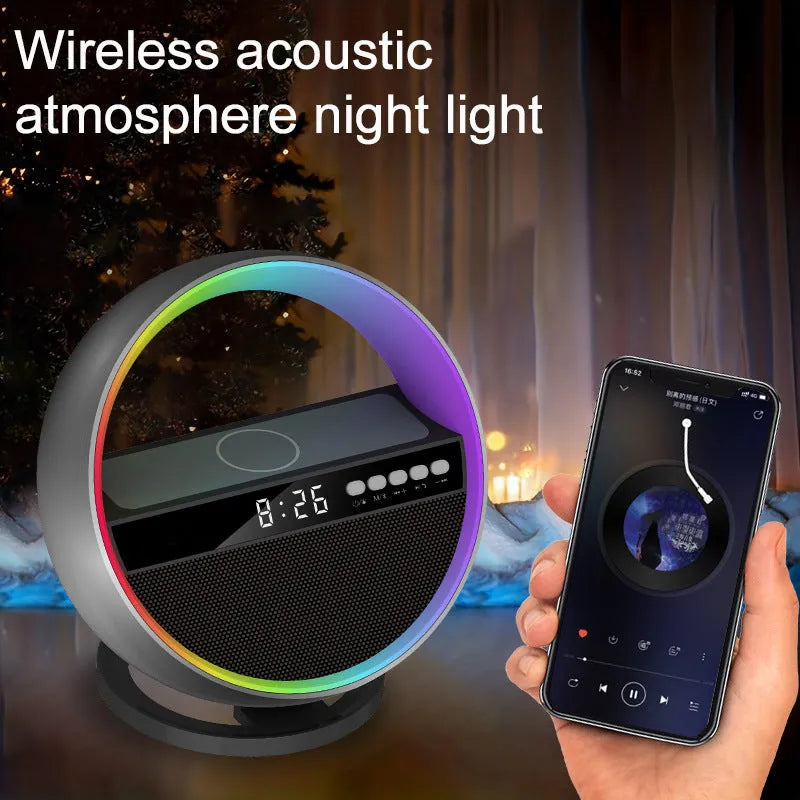 2024 multifunction RGB night light wireless charger Bluetooth speaker in white, 95x95x126mm