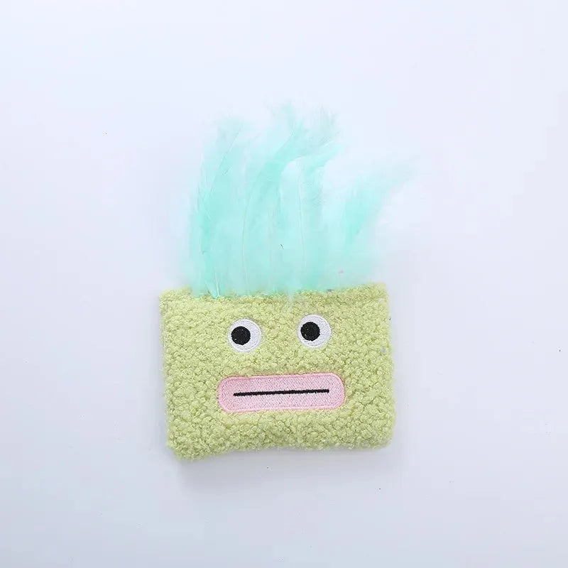 Colourful catnip plush toy with big mouth explosion head shape on a soft fabric body