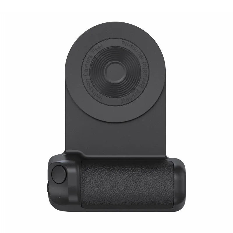 Black magnetic phone holder with ergonomic camera-style grip showing rotatable stand function