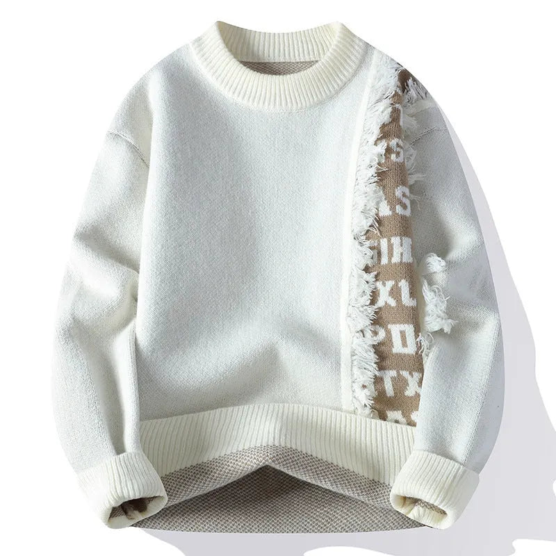 Men's loose fit knitted pullover sweater with ribbed hemline in white grey black red colours