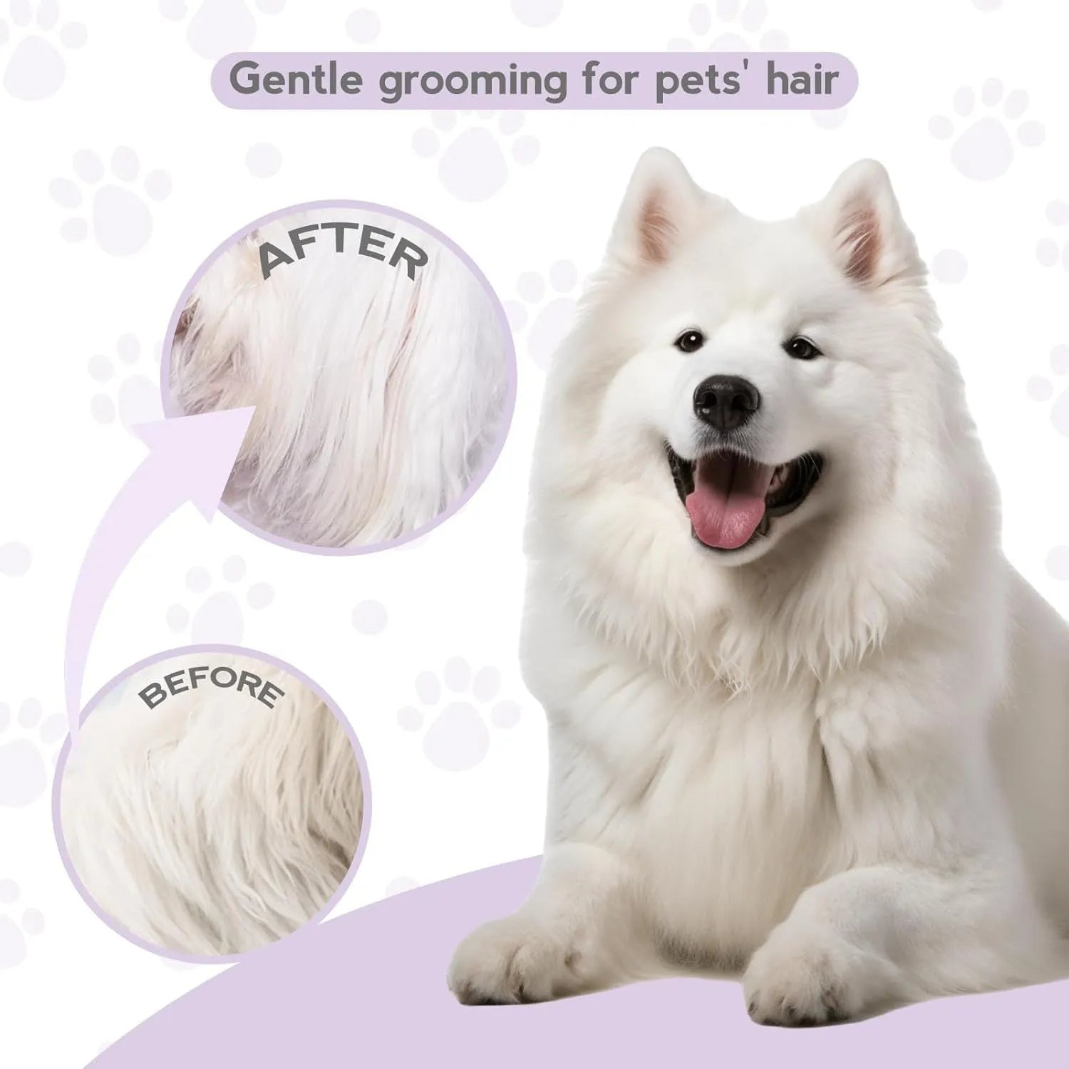 Purple pet grooming comb with stainless steel long and short teeth on a purple ergonomic handle.