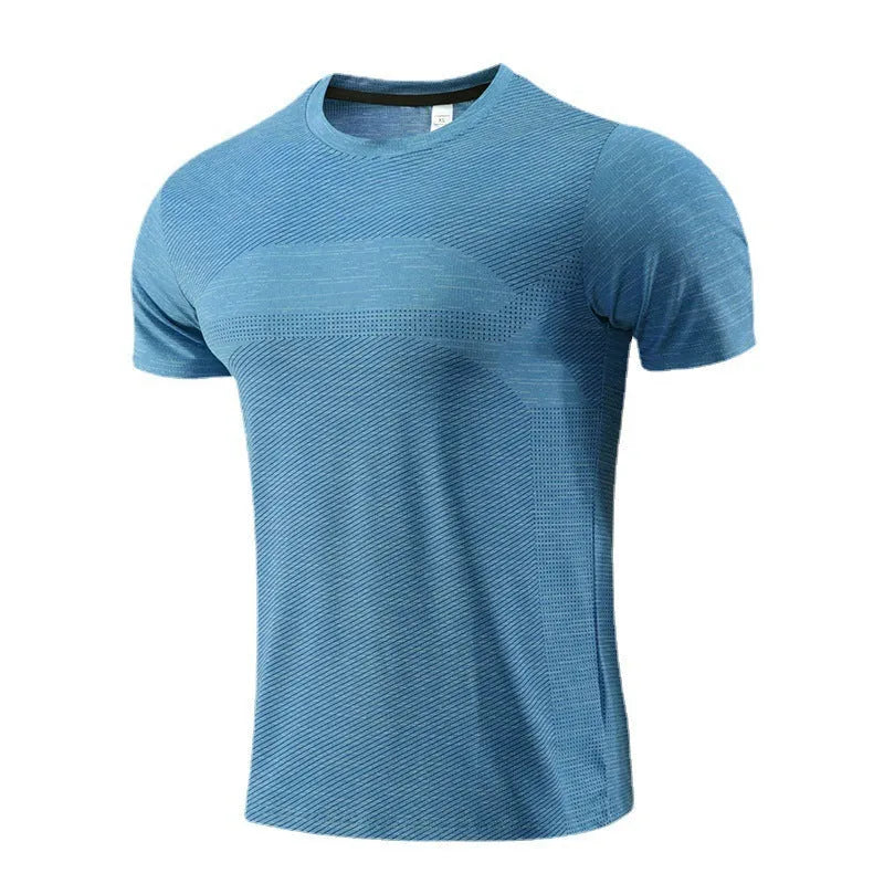 Short sleeve red sports t-shirt made from polyester spandex fabric for running and exercise.