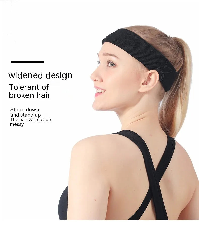 Solid colour sports anti sweat band with elastic widening design shown in black, red, blue, rose red, and sky blue.