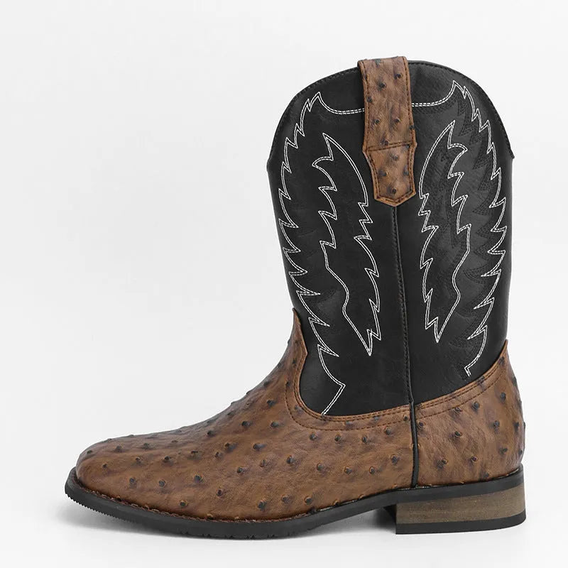 Men's western denim square toe motorcycle boots in black artificial leather with mid-calf length